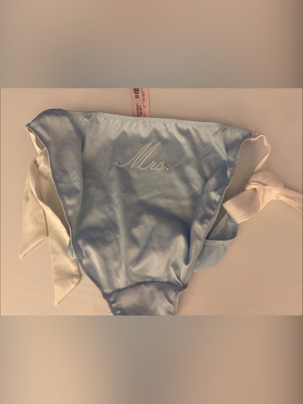 Satin 'Mrs.' Tie-Side Bikini Panty - Light Blue